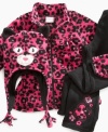 Unleash your wild child on the outdoors in Nannette's jacket, pants, and hat made from hot pink, leopard-print fleece.