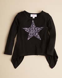 This fab tunic flows beautifully from neck to arc-hem, catching the eye with a multicolor rhinestone star at the chest. This fab tunic flows beautifully from neck to arc-hem, catching the eye with a multicolor rhinestone star at the chest.