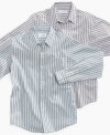 A low-profile collar on this shutter-stripe shirt from Calvin Klein makes it a subtly streamlined look.
