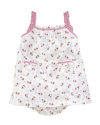 Ultra-soft cotton jersey dress is styled with a charming floral print and accented with contrasting gingham trim. Ultra-soft cotton jersey dress is styled with a charming floral print and accented with contrasting gingham trim.