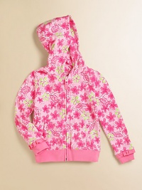 A light layer of warmth and comfort in a bright, fresh floral stretch knit.Lined hoodFull zip frontHand warmer pocketsLong sleeves with ruffled banded cuffsBanded bottomCotton/SpandexMachine washImported A light layer of warmth and comfort in a bright, fresh floral stretch knit.Lined hoodFull zip frontHand warmer pocketsLong sleeves with ruffled banded cuffsBanded bottomCotton/SpandexMachine washImported