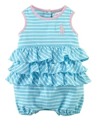 A comfortable striped cotton bubble is fashioned with a flurry of ruffles and signature Big Pony embroidery. A comfortable striped cotton bubble is fashioned with a flurry of ruffles and signature Big Pony embroidery.