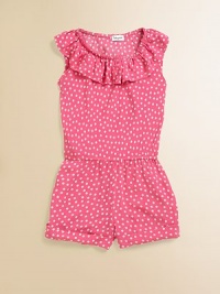 Dainty ruffles and pretty polka dots come together on this soft, vivid one-piece to create a knockout ensemble.Ruffled elastic necklineSleevelessPull-on styleElastic waistRayonMachine washImported Dainty ruffles and pretty polka dots come together on this soft, vivid one-piece to create a knockout ensemble.Ruffled elastic necklineSleevelessPull-on styleElastic waistRayonMachine washImported