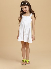 She'll be pretty as a picture in this adorably angelic terry frock with ruffle trim and convenient pockets for stylish storage.Square necklineRuffled strapsSmocked empire waistPatch pocketsRuffled hem68% cotton/32% polyesterMachine washMade in USA She'll be pretty as a picture in this adorably angelic terry frock with ruffle trim and convenient pockets for stylish storage.Square necklineRuffled strapsSmocked empire waistPatch pocketsRuffled hem68% cotton/32% polyesterMachine washMade in USA