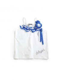 THE LOOKPullover styleSpaghetti strapsStriped ruffled neckline with rosette and ribbon detailRhinestone detailsEmbroidered Lucky Girl logoTHE MATERIAL92% cotton/8% lycraCARE & ORIGINMachine washImported THE LOOKPullover styleSpaghetti strapsStriped ruffled neckline with rosette and ribbon detailRhinestone detailsEmbroidered Lucky Girl logoTHE MATERIAL92% cotton/8% lycraCARE & ORIGINMachine washImported