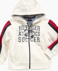 Get your little guy looking like he's warming up for the World Cup in a soccer-themed zip-up hoodie from Tommy Hilfiger. Get your little guy looking like he's warming up for the World Cup in a soccer-themed zip-up hoodie from Tommy Hilfiger.