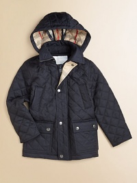 Keep him snug and dapper in this classic, check-lined, quilted coat with removable hood and lots of pockets.Zip-off hoodStand collarLong sleevesSnap front and zip closureTwo front-snap pockets; two slash pockets Fully linedPolyamideDry cleanImported Please note: Number of snaps may vary depending on size ordered. Keep him snug and dapper in this classic, check-lined, quilted coat with removable hood and lots of pockets.Zip-off hoodStand collarLong sleevesSnap front and zip closureTwo front-snap pockets; two slash pockets Fully linedPolyamideDry cleanImported Please note: Number of snaps may vary depending on size ordered.