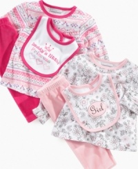 All set to meet with her playmate and lunch date, she'll look adorably cute wearing this 3 piece bib, top, and pant ensemble by First Impressions. All set to meet with her playmate and lunch date, she'll look adorably cute wearing this 3 piece bib, top, and pant ensemble by First Impressions.