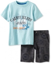 Calvin Klein Boys 2-7 Tee With Printed Short, Blue, 4 Calvin Klein Boys 2-7 Tee With Printed Short, Blue, 4