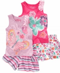 The dainty is in the details. Faded glittery prints and ruffle trims bring out the cuteness of these skirty shorts and tank from Flapdoodles. The dainty is in the details. Faded glittery prints and ruffle trims bring out the cuteness of these skirty shorts and tank from Flapdoodles.