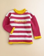 Stripes lend whimsy to this beautifully crafted pure cotton sweater perfect for girls and boys alike. A rolled neckline, hem and cuffs add small touches of contrast color. Rolled detailCottonMachine washMade in USAFOR PERSONALIZATION Select a quantity, then scroll down and click on PERSONALIZE & ADD TO BAG to choose and preview your personalization options. Please allow 4-6 weeks for delivery. 