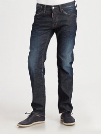 Straight-fit jeans with generous fading and distressing throughout the leg in a five-pocket style with logo detail on back pocket.Five-pocket styleInseam, about 3198% cotton/2% elastaneMachine washMade in Italy Straight-fit jeans with generous fading and distressing throughout the leg in a five-pocket style with logo detail on back pocket.Five-pocket styleInseam, about 3198% cotton/2% elastaneMachine washMade in Italy