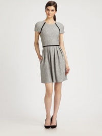 Characterized by cap sleeves, contrast trim and a pleated waistband, this herringbone tweed silhouette is both uptown-chic and classically cool. CrewneckCap sleevesPleated drop waistSlash pocketsBack zipperFully linedAbout 19 from natural waist65% rayon/31% polyamide/4% elastaneDry cleanImportedModel shown is 5'10 (177cm) wearing US size 2. Characterized by cap sleeves, contrast trim and a pleated waistband, this herringbone tweed silhouette is both uptown-chic and classically cool. CrewneckCap sleevesPleated drop waistSlash pocketsBack zipperFully linedAbout 19 from natural waist65% rayon/31% polyamide/4% elastaneDry cleanImportedModel shown is 5'10 (177cm) wearing US size 2.
