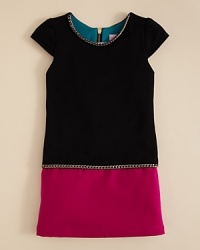 Color us impressed. Zoe's colorblock dress is trimmed with goldtone chain for a simply elegant look. Color us impressed. Zoe's colorblock dress is trimmed with goldtone chain for a simply elegant look.