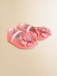 A large fabric flower blooms on the vamp of these charming ballet flats with elastic strap for easy on and off.Slip-on with elastic strapPolyurethane upperSatin liningPolyurethane solePadded insoleImported A large fabric flower blooms on the vamp of these charming ballet flats with elastic strap for easy on and off.Slip-on with elastic strapPolyurethane upperSatin liningPolyurethane solePadded insoleImported