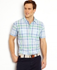 This plaid short-sleeved shirt from Nautica is a snappy addition to your classic summer style. This plaid short-sleeved shirt from Nautica is a snappy addition to your classic summer style.