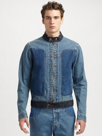 A fashion-forward rendition of a classic denim jacket with careful attention to detail, including a colorblocked effect, elbow patches and zippered cuffs for a vintage-inspired finish.Zip frontStand collarAbout 24 from shoulder to hemCottonMachine washMade in Italy