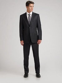 Impeccably tailored in tropical-weight wool with a hint of stretch for a perfect fit and elegant drape. Dry clean. Made in USA.JACKETTwo-button front Natural sloped shoulder expression Contoured through the waist Side vents Fully linedPANTSFlat front Zip fly with double bar Belt loops Lined to the knee Gradual inseam Please note: Alterations are available in all Saks Fifth Avenue stores. Impeccably tailored in tropical-weight wool with a hint of stretch for a perfect fit and elegant drape. Dry clean. Made in USA.JACKETTwo-button front Natural sloped shoulder expression Contoured through the waist Side vents Fully linedPANTSFlat front Zip fly with double bar Belt loops Lined to the knee Gradual inseam Please note: Alterations are available in all Saks Fifth Avenue stores.