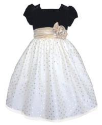 She'll be the belle of the ball in this beautiful black and gold dress from Jayne Copeland. The polka dot skirt and rosette accent make it extra adorable. She'll be the belle of the ball in this beautiful black and gold dress from Jayne Copeland. The polka dot skirt and rosette accent make it extra adorable.