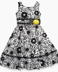 Style with pluck. A bold floral print with a flower accent for added sass, this dress from Jayne Copeland is the perfect dress for summer fun. Style with pluck. A bold floral print with a flower accent for added sass, this dress from Jayne Copeland is the perfect dress for summer fun.