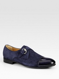 Navy suede and navy python with silver hardware.Monkstrap with buckle closureRubber soleMade in Italy