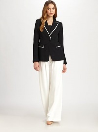There's nothing like boldly contrasting colors to make a beloved double-breasted blazer, refreshing. Notched collarButton closureContrast trimFlap pocketsPrincess seamsFully linedAbout 28 from shoulder to hem55% viscose/45% acetateDry cleanImported of Italian fabric Model shown is 5'10 (177cm) wearing US size 4. There's nothing like boldly contrasting colors to make a beloved double-breasted blazer, refreshing. Notched collarButton closureContrast trimFlap pocketsPrincess seamsFully linedAbout 28 from shoulder to hem55% viscose/45% acetateDry cleanImported of Italian fabric Model shown is 5'10 (177cm) wearing US size 4.