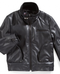 He can lead the pack in the street style of this faux-leather motocross jacket from KC Collections. He can lead the pack in the street style of this faux-leather motocross jacket from KC Collections.