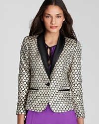 Shine from morning to midnight in a brocade Juicy Couture blazer flaunting a stunning metallic finish. Whether worn with suiting separates or slipped over sequined minis, this luxe layer steals the spotlight. Shine from morning to midnight in a brocade Juicy Couture blazer flaunting a stunning metallic finish. Whether worn with suiting separates or slipped over sequined minis, this luxe layer steals the spotlight.