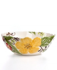 Hand painted with folksy florals, the Jardin serving bowl delivers colorful fresh-for-spring style and everyday durability. With scalloped edge. Hand painted with folksy florals, the Jardin serving bowl delivers colorful fresh-for-spring style and everyday durability. With scalloped edge.