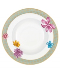 Perfect for casual dining or formal entertaining, this collection features a blend of gilded opulence and sophisticated style. Cheerful flower blossoms float gracefully across white bone china and gold and aqua filigree patterns as this lively set enhances your tabletop. Perfect for casual dining or formal entertaining, this collection features a blend of gilded opulence and sophisticated style. Cheerful flower blossoms float gracefully across white bone china and gold and aqua filigree patterns as this lively set enhances your tabletop.