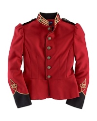 A military-inspired jacket features all the requisite details, including gold trim, a signature soutache design and crest-embossed buttons. A military-inspired jacket features all the requisite details, including gold trim, a signature soutache design and crest-embossed buttons.