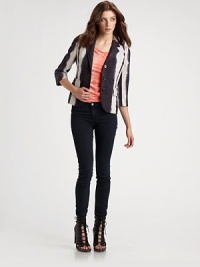 Cropped and tailored for a feminine fit, crafted from rich tie-dyed silk.Notch collarThree-quarter sleevesButton-down frontBodice dartsFlap pocketsAbout 22¾ from shoulder to hemSilkDry cleanMade in USA of imported fabric Cropped and tailored for a feminine fit, crafted from rich tie-dyed silk.Notch collarThree-quarter sleevesButton-down frontBodice dartsFlap pocketsAbout 22¾ from shoulder to hemSilkDry cleanMade in USA of imported fabric