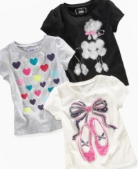 Hearts? Poodle? Ballet slippers? With So Jenni's selection of sparkly tees, her biggest problem will be deciding which one to wear. Hearts? Poodle? Ballet slippers? With So Jenni's selection of sparkly tees, her biggest problem will be deciding which one to wear.