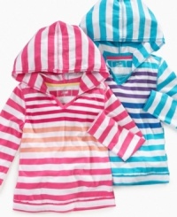 Your cheery and sunshiny little girl will look adorable in this bright and breezy horizontal stripe top with hood by So Jenni. Your cheery and sunshiny little girl will look adorable in this bright and breezy horizontal stripe top with hood by So Jenni.