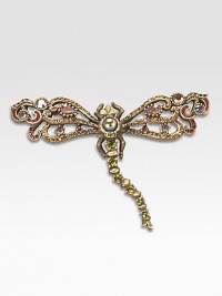 Carefully placed Swarovski crystals lend an opulent, heirloom-quality touch to this utterly charming keepsake pin. Brass ox-plated pewterSwarovski crystal detailPin backing4W X 2½HHandmade in USA Carefully placed Swarovski crystals lend an opulent, heirloom-quality touch to this utterly charming keepsake pin. Brass ox-plated pewterSwarovski crystal detailPin backing4W X 2½HHandmade in USA