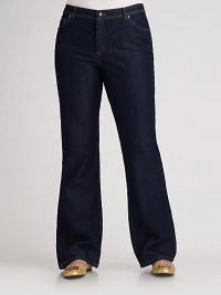 Straight-legged and topstitched, in crisp stretch cotton denim.THE FITCurved waistband Medium rise Inseam, about 33½THE DETAILSMetal button and zip closure Square rivet detail Belt loops Two front pockets with single coin pocket Plain back patch pockets Unlined Belgium cotton/elastene; machine wash Imported Straight-legged and topstitched, in crisp stretch cotton denim.THE FITCurved waistband Medium rise Inseam, about 33½THE DETAILSMetal button and zip closure Square rivet detail Belt loops Two front pockets with single coin pocket Plain back patch pockets Unlined Belgium cotton/elastene; machine wash Imported