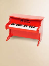 Bright red, 25-key tabletop is the perfect choice for a toddler's first piano. Both fun and educational, it is an ideal instrument to use for developing eye-hand coordination and encouraging musical creativity. Chromatically tuned Chime-like notes Play-by-color with removable color strip Songbook included Bench not included Ages 3 and up Made of maple and hardboard 11¼W X 12¼H X 9¼D Imported