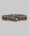 A stunning addition in warm, cocoa bronze and 18k gold with detailed Sparta engraving. About 8½ long, ¾ diam. Dual-locking closure Made in USA