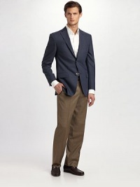 EXCLUSIVELY OURS. We've elevated the classic trouser to unseen heights with a smooth, remarkably lightweight wool silhouette that features an extended tab at the waist and sharp creases at the legs. Flat front Side slash, back welt pockets Unfinished hems Wool Dry clean Imported Additional Information Men's Pants, Shorts & Swimwear - Waist Sizing (European Equivalents) EXCLUSIVELY OURS. We've elevated the classic trouser to unseen heights with a smooth, remarkably lightweight wool silhouette that features an extended tab at the waist and sharp creases at the legs. Flat front Side slash, back welt pockets Unfinished hems Wool Dry clean Imported Additional Information Men's Pants, Shorts & Swimwear - Waist Sizing (European Equivalents)