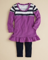 A perfectly put-together outfit for the new school year, Splendid Little's skirted top and solid leggings set plays with stripes and colorblocks to create a delicious depth of style. A perfectly put-together outfit for the new school year, Splendid Little's skirted top and solid leggings set plays with stripes and colorblocks to create a delicious depth of style.