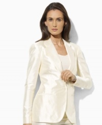 Lauren by Ralph Lauren's classic tailored construction lends an air of sophistication to this jacket in lustrous silk dupioni. Lauren by Ralph Lauren's classic tailored construction lends an air of sophistication to this jacket in lustrous silk dupioni.