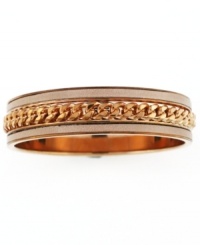 Golden opportunity. Crafted in rich rose gold tone mixed metal, Vince Camuto's stylish bangle bracelet features nude leather trim and a chain embellishment. Whether you wear it to work or on weekends, it's sure to have an eye-catching effect! Approximate diameter: 2-1/2 inches. Golden opportunity. Crafted in rich rose gold tone mixed metal, Vince Camuto's stylish bangle bracelet features nude leather trim and a chain embellishment. Whether you wear it to work or on weekends, it's sure to have an eye-catching effect! Approximate diameter: 2-1/2 inches.
