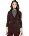 Long and sleek in a thigh-skimming wool-blend construction, Lauren Ralph Lauren's plaid-accented cardigan provides a timelessly chic layering option as the temperature cools.