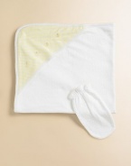 Soft cotton towel with gingham print hood and embroidery. Comes with mitt One size Imported