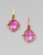 From the Superstud Collection. A faceted dome of pretty pink sapphire quartz is layered over mother-of-pearl, creating richness and depth in these dazzling earrings that sit in a spiky zigzag setting and hang from a sword-shaped drop.Pink sapphire quartz and white mother-of-pearlRose goldplated sterling silverLength, about 114k gold post backImported