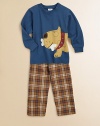 An adorable dog adorns the front of a long-sleeve tee paired with soft plaid pants. TeeRibbed crewneckLong sleeves with ribbbed cuffsDog appliqué Pants Elastic waistband with drawstringTwo front side pocketsTwo back flap pocketsCottonMachine washMade in USA of imported fabric