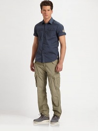 Rear graphic detail and logo applique on the sleeve lend a rugged, military-inspired feel to this classic-fitting, cotton sportshirt.Button-frontChest flap pocketsCottonMachine washImported Rear graphic detail and logo applique on the sleeve lend a rugged, military-inspired feel to this classic-fitting, cotton sportshirt.Button-frontChest flap pocketsCottonMachine washImported