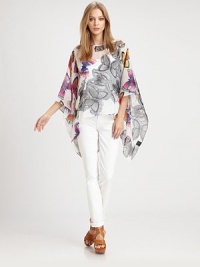 Feminine silk boatneck in a vivid butterfly print with long kimono sleeves and contrasting lace trim. BoatneckLong kimono sleevesLace trim on backAbout 25 from shoulder to hemSilkDry cleanMade in USA of Italian fabricModel shown is 5'10 (177cm) wearing US size XSmall/Small.