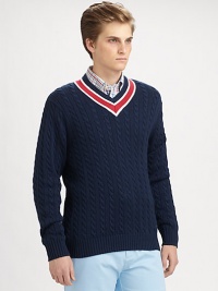 Layer up, remain warm and cozy and beat the season's chills in this incredibly knit v-neck sweater with a contrasting collar detail.V-neckRibbed knit collar, cuffs and hem87% cotton/5% merino wool/5% silkDry cleanImported Layer up, remain warm and cozy and beat the season's chills in this incredibly knit v-neck sweater with a contrasting collar detail.V-neckRibbed knit collar, cuffs and hem87% cotton/5% merino wool/5% silkDry cleanImported