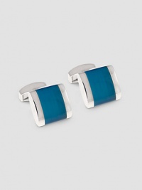 Elegant links with gleaming rhodium plating with a blue fiberglass inlay. T-bar clasp ½ X ¾ Imported